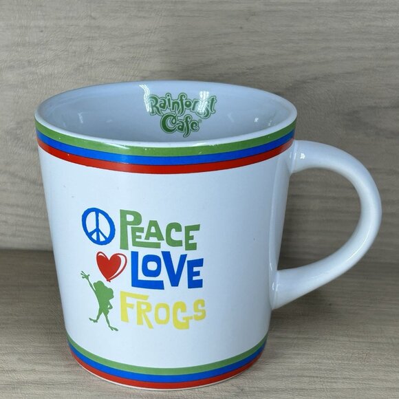Rainforest Cafe Mug Peace Love Frogs Red Blue Green Yellow - Picture 2 of 6